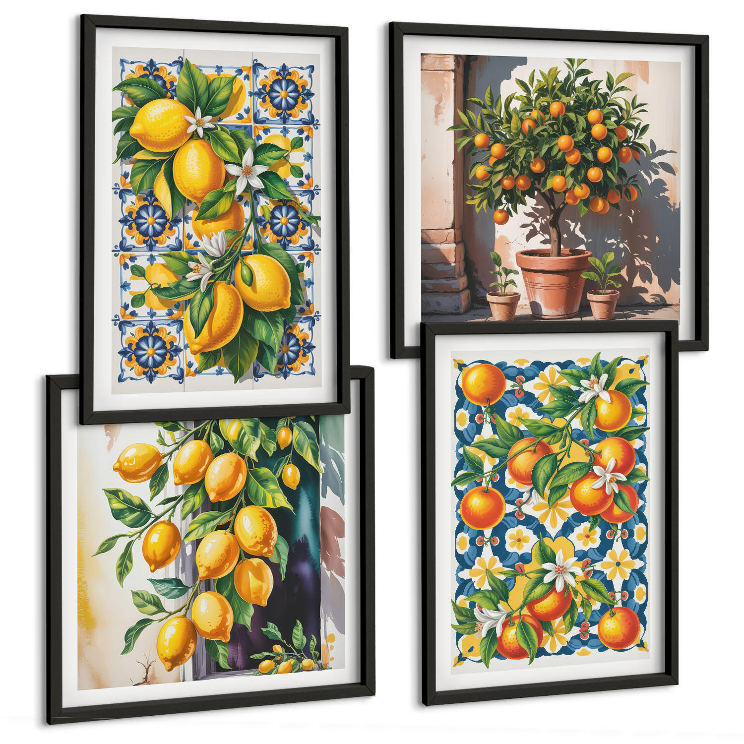 BILDER SET 4er Set - 50x50 cm & 40x60 cm Schwarzer Rahmen - Farbenfrohe abstrakte Zitrusfrüchte - Schwarz, Kunststoff (50/50cm) - TULUP