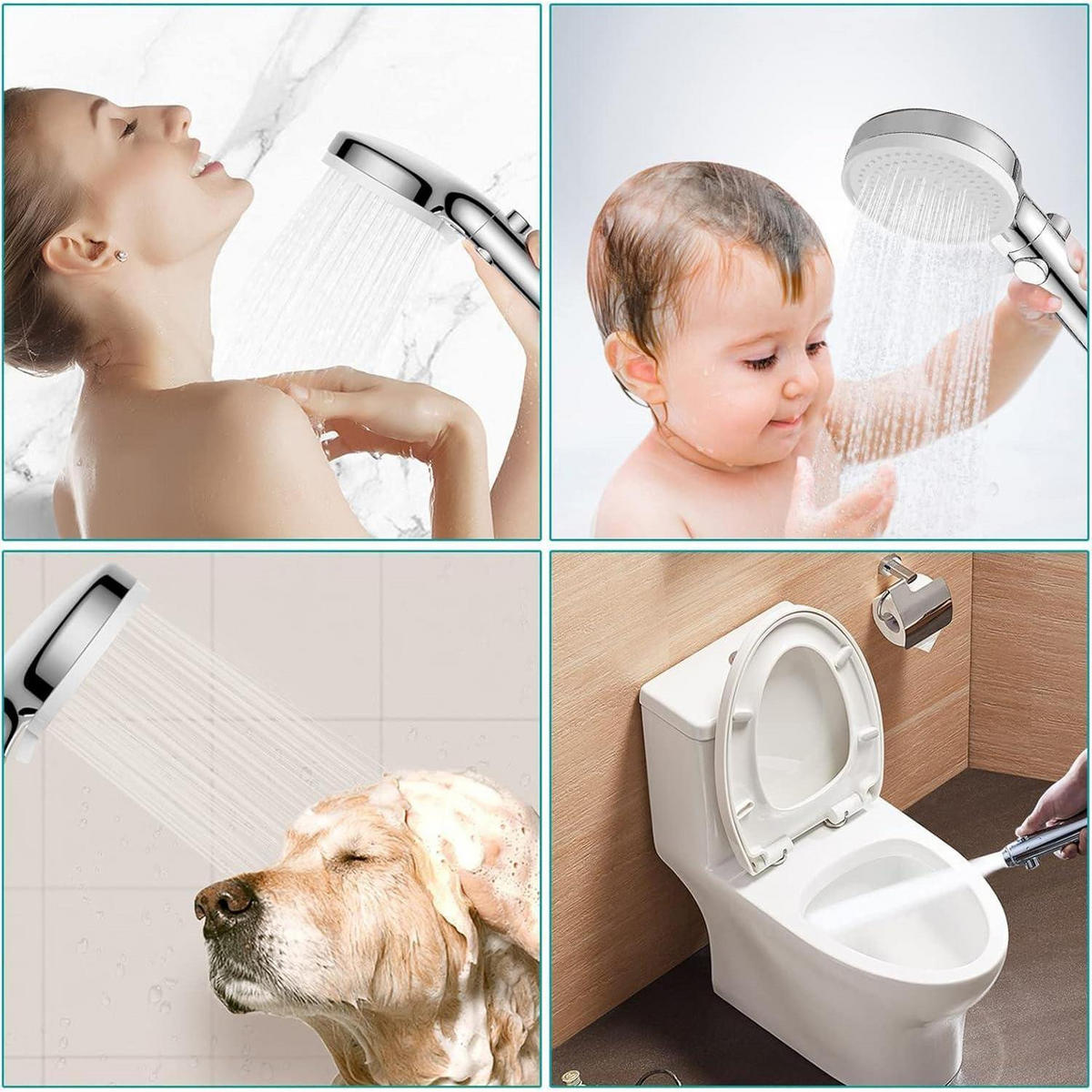 HANDBRAUSE Set 3 Strahlarten Wassersparend mit Schlauch und Halterung - Silberfarben, Metall (9/12.7/24.5cm)