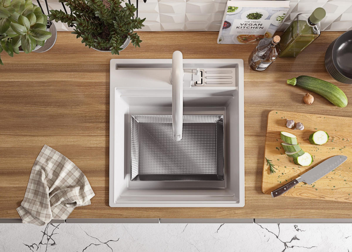 SPÜLBECKEN Oslo Pocket, 2-er set Weiß 48/53 cm 1 Becken + Ablauf-Set + Küchenzubehörset ab 50er Unterschrank - Chromfarben/Beige, Kunststoff (48/20/53cm) - Primagran