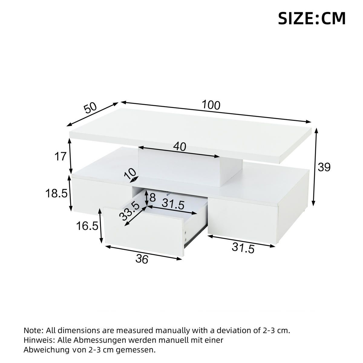 KONFERENČNÍ stolek 100/50/39 cm bílý z dřevotřísky s LED osvětlením a zásuvkou - bílá, kompozitní dřevo (100/50/39cm) - OKWISH