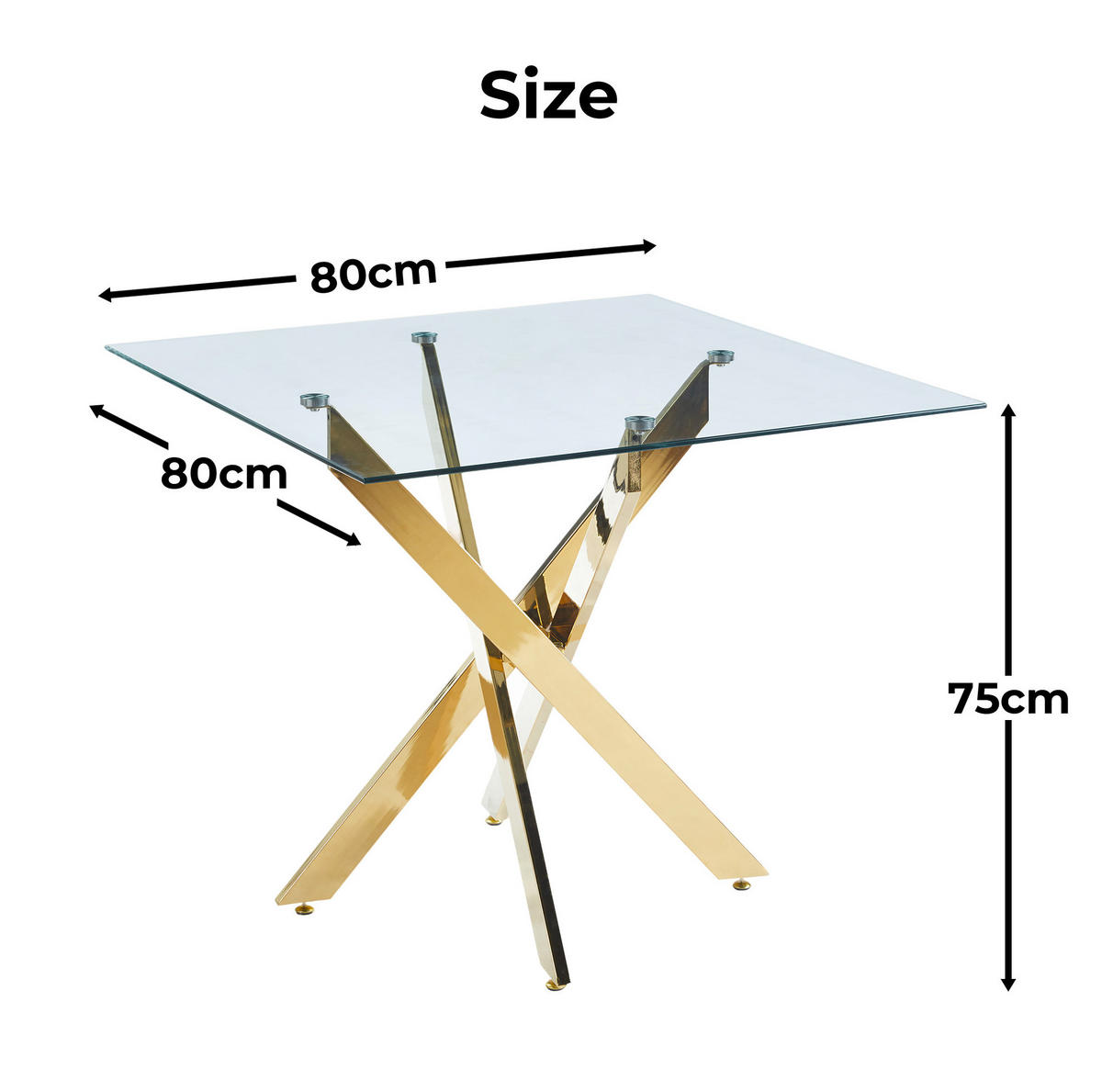 ESSTISCH 80/80/75 cm in Gold mit Glasplatte und Metallgestell - Goldfarben, Metall (80/80/75cm) - Flora Grace