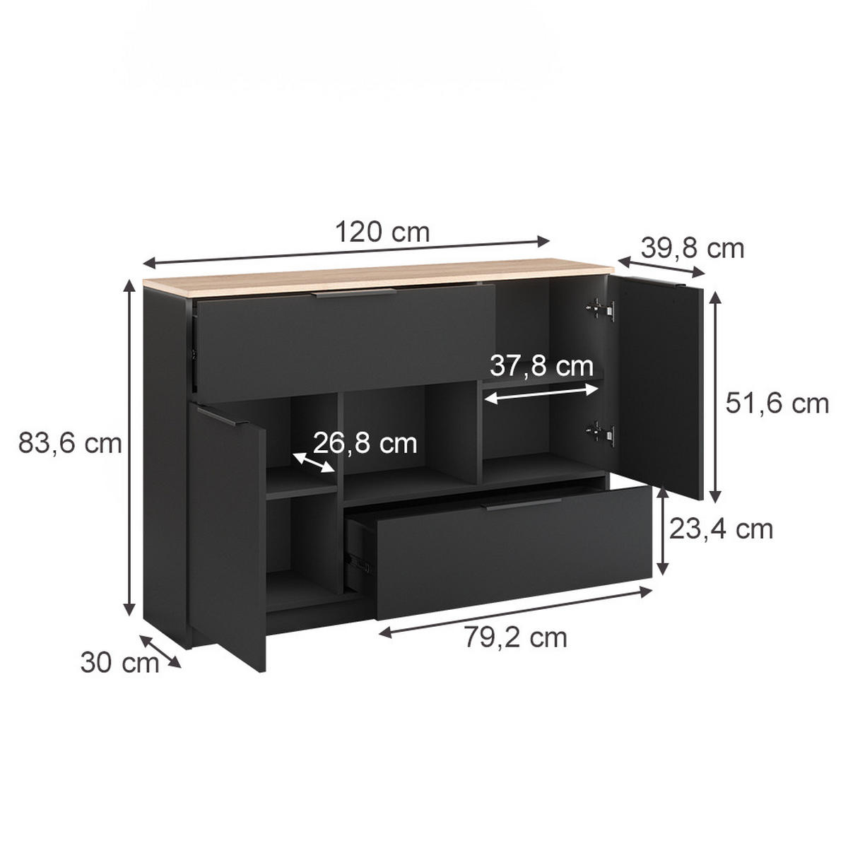 KOMMODE Betti Anthrazit 120 x 83.6 cm 2x Tür 2x Schublade und 1x offenes Fache - Anthrazit/Sonoma Eiche, Holzwerkstoff (120/83.6/30cm) - Vicco