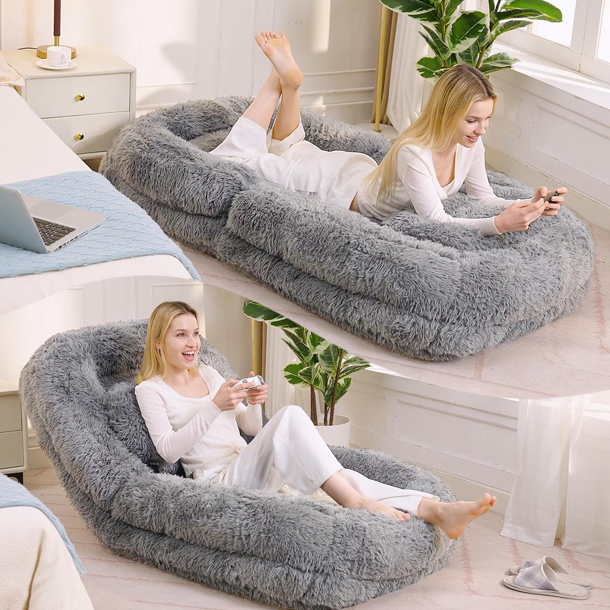 SITZSACK Plüsch Hellgrau mit Verstellfunktion und mit Kissen - Hellgrau, Holzwerkstoff/Textil (89/42/175cm) - WISHDOR