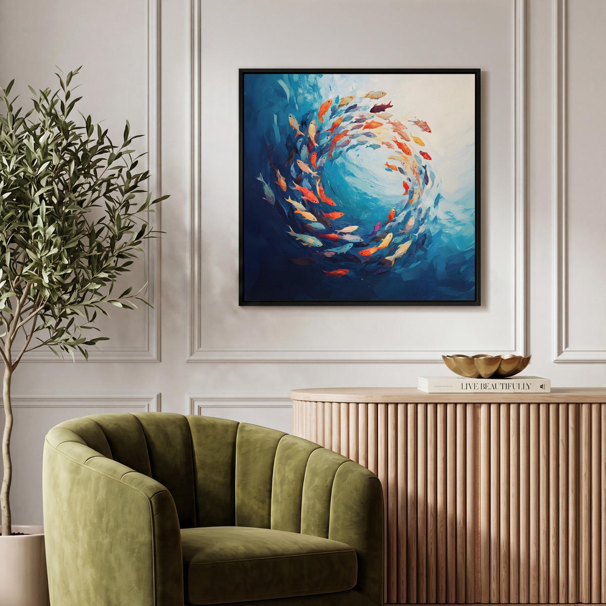 LEINWAND Bilder mit Rahmen - Meer - Fische - Bunt - Dynamisch - 50x50 - Hellblau, Textil (50/50cm) - MuchoWow