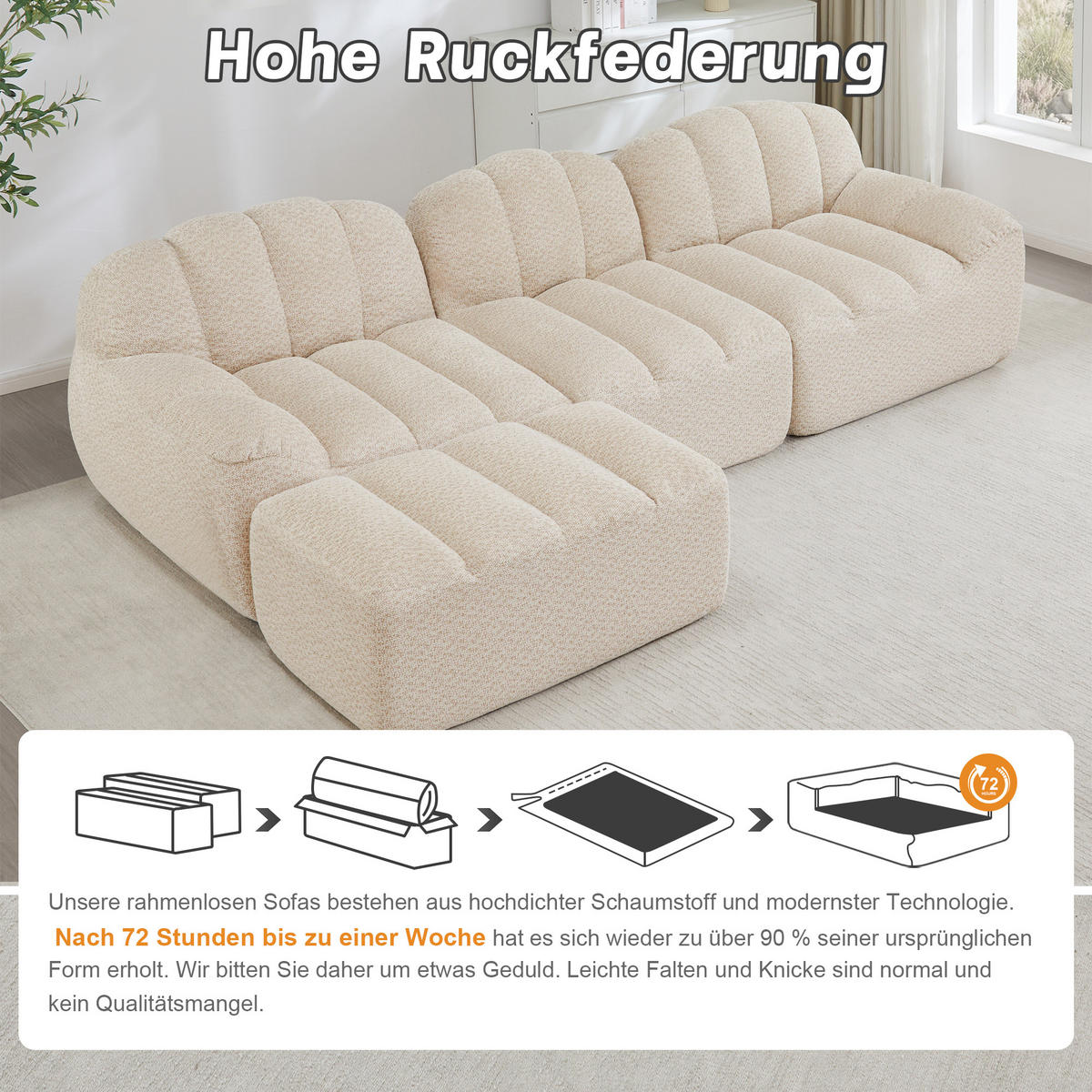 ECKSOFA 288/165/79 cm Cremefarben Granulatvlies mit 1 Fußhocker - Beige, Textil (288/165cm) - Oxeza
