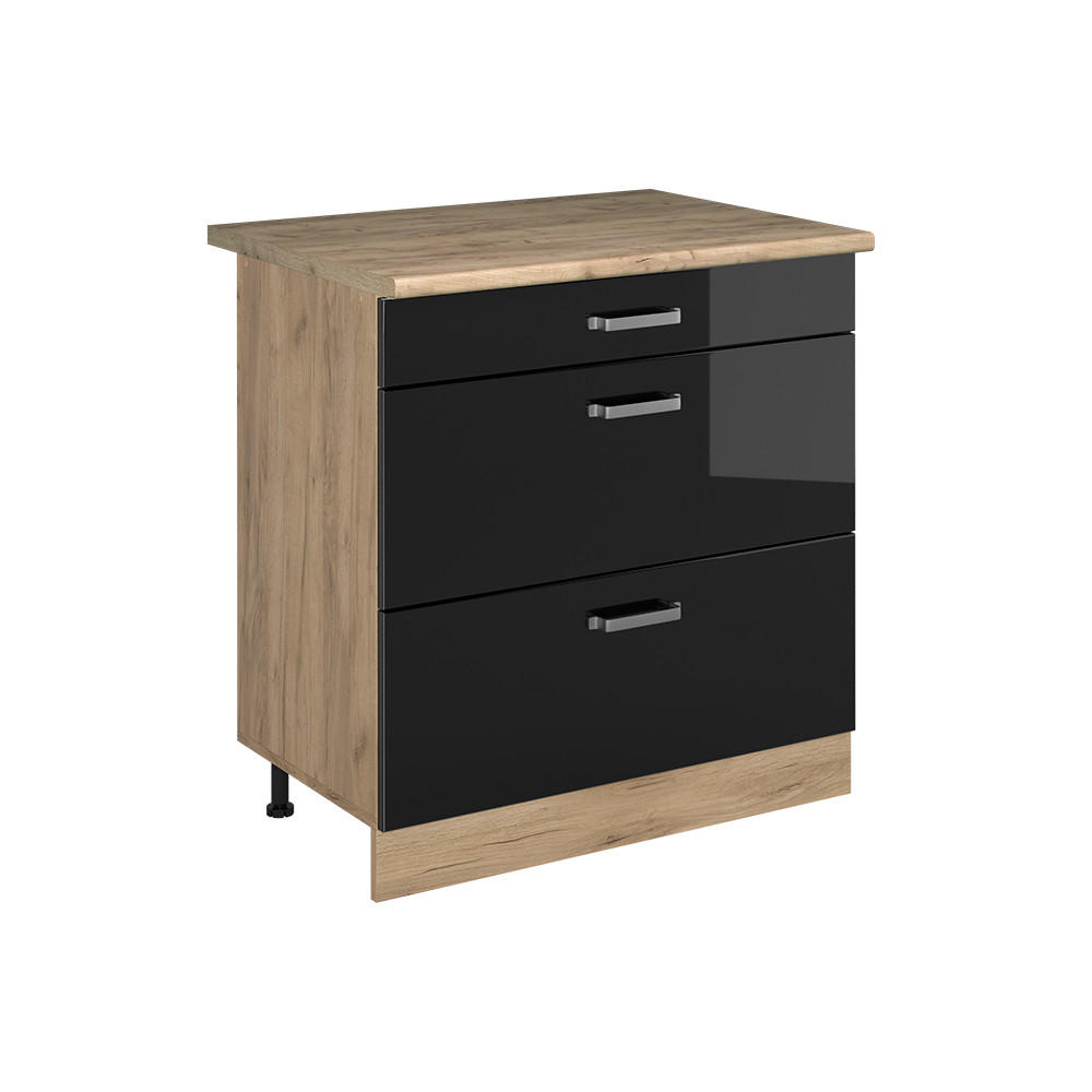 KÜCHENUNTERSCHRANK R-Line, Schwarz Hochglanz/Goldkraft Eiche, 80 cm mit 3 Schubladen Arbeitsplatte Goldkraft Eiche - Schwarz Hochglanz/Eichefarben, Holzwerkstoff (80/81.6/60cm) - Vicco