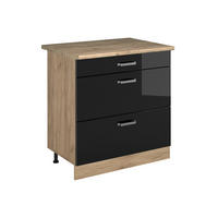 KÜCHENUNTERSCHRANK R-Line, Schwarz Hochglanz/Goldkraft Eiche, 80 cm mit 3 Schubladen Arbeitsplatte Goldkraft Eiche - Schwarz Hochglanz/Eichefarben, Holzwerkstoff (80/81.6/60cm) - Vicco