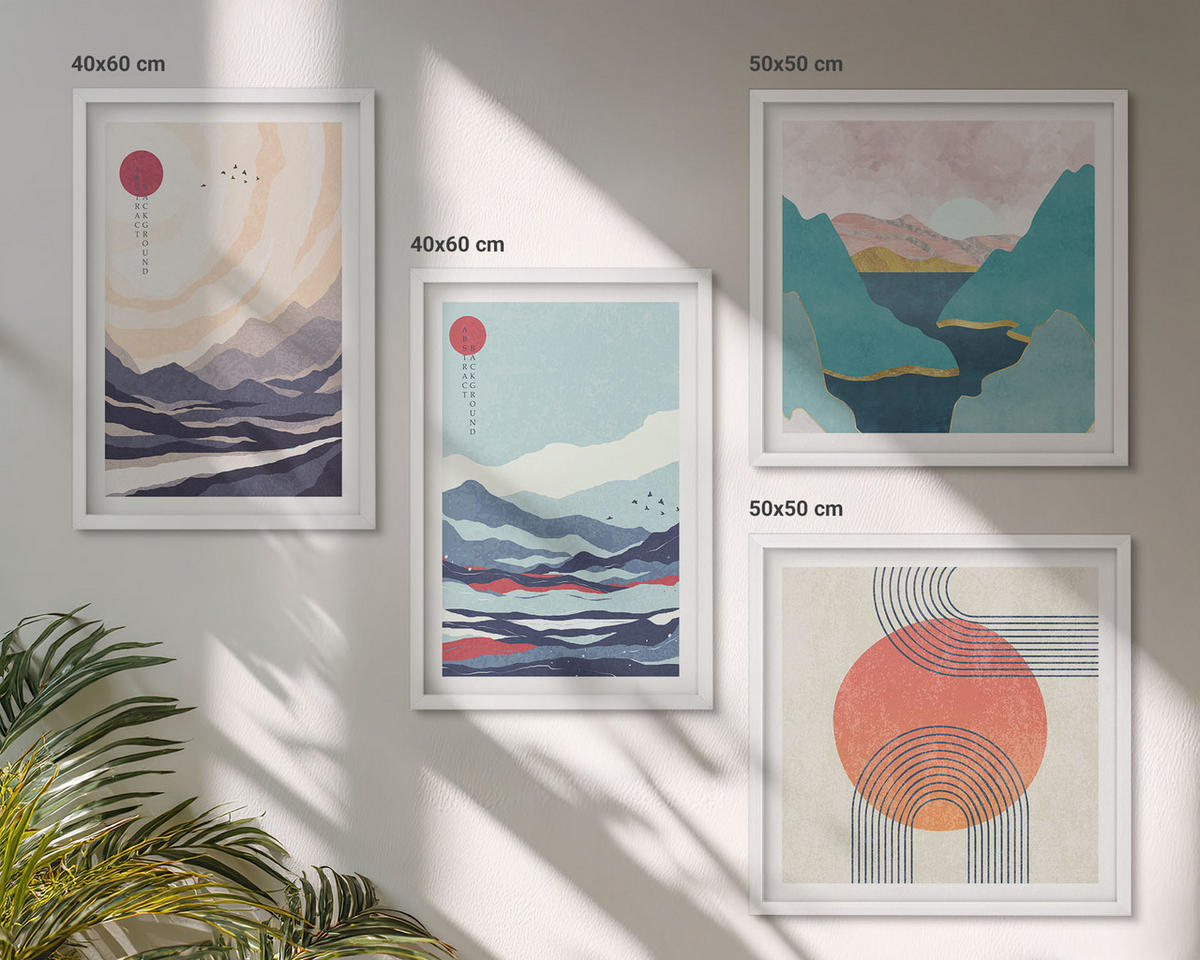 BILDER SET 4er Set - 50x50 cm & 40x60 cm Weißer Rahmen - Japanische Berglandschaften - Weiß, Kunststoff (50/50cm) - TULUP
