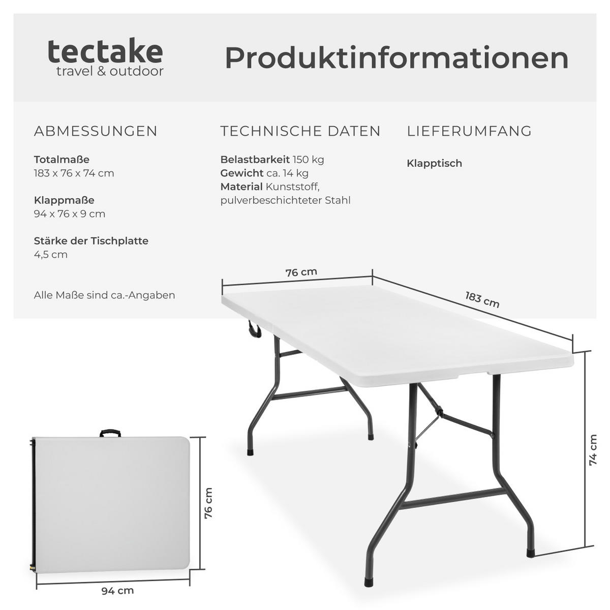 CAMPINGTISCH ,183 x 76 x 74 cm,weiß - Weiß, Kunststoff (183/76/74cm) - tectake