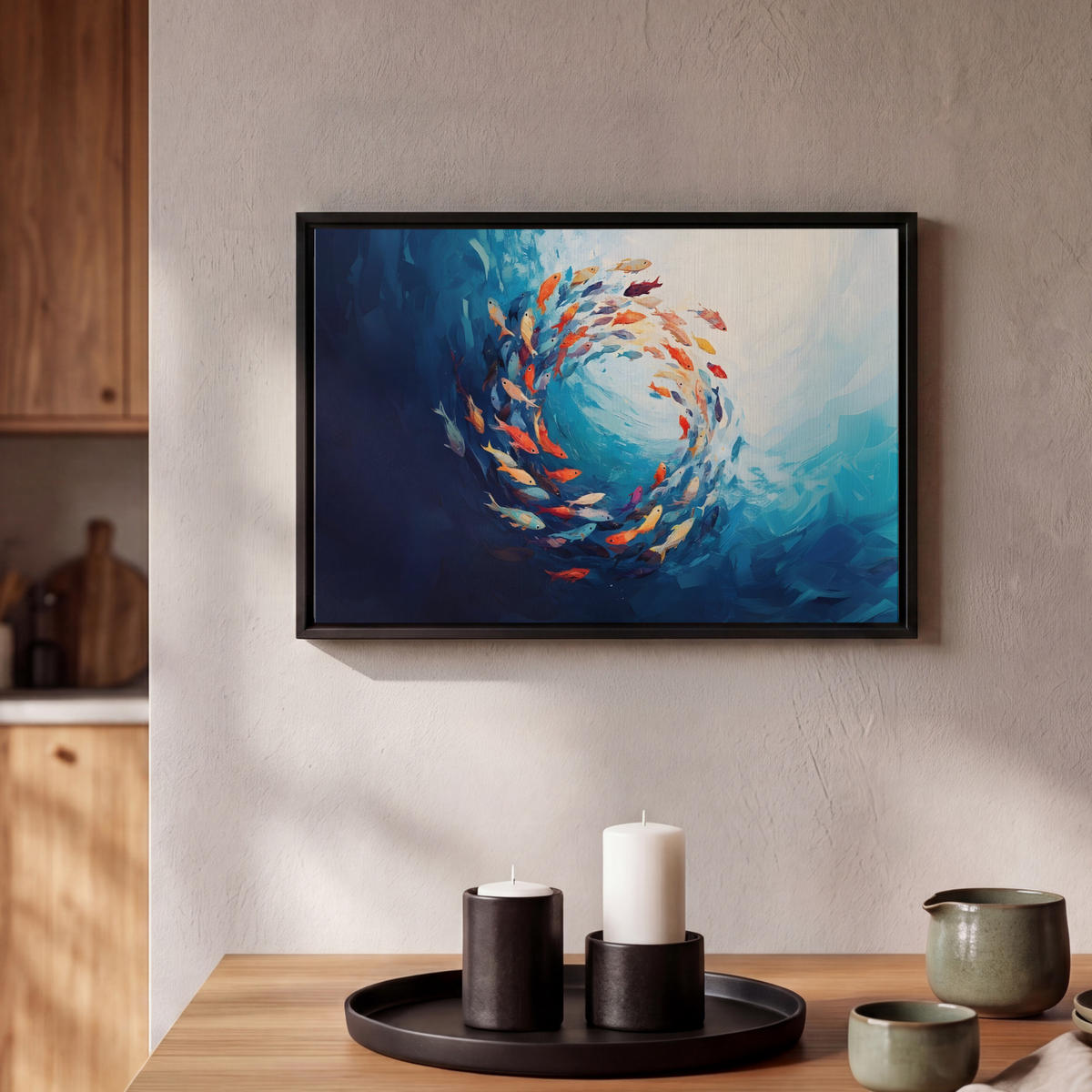 LEINWAND Bilder mit Rahmen - Meer - Fische - Bunt - Dynamisch - 30x20 - Hellblau, Textil (30/20cm) - MuchoWow