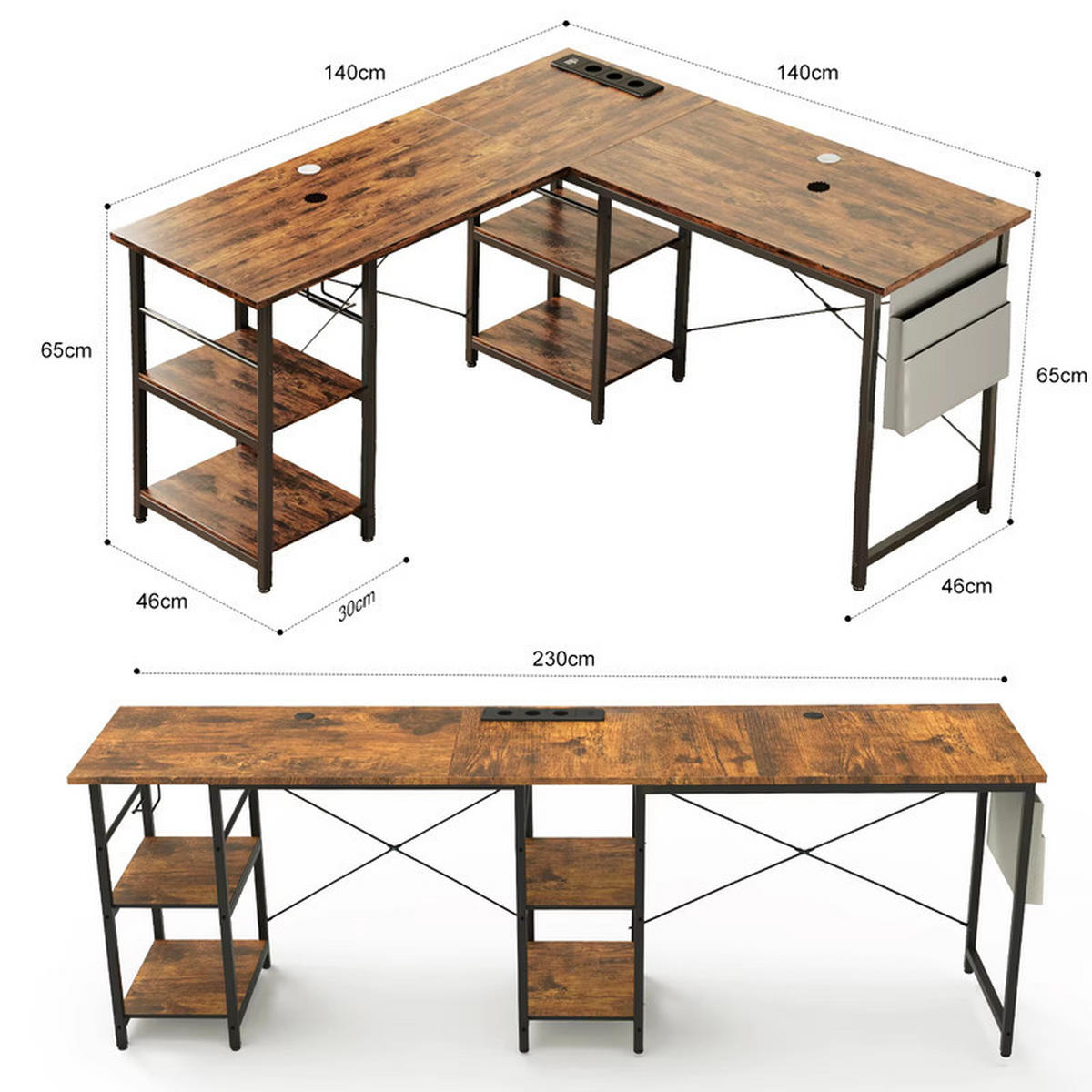 L-SCHREIBTISCH verstellbar 140/230 cm mit Steckdose - Braun, Holz (140/40/65cm) - Kaket