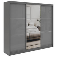 SCHWEBETÜRENSCHRANK mit Spiegel und Schubladen - WALENCJA - 240 - Grau lacobel - Alufarben/Grau, Holzwerkstoff/Metall (240/216/61cm) - MKS