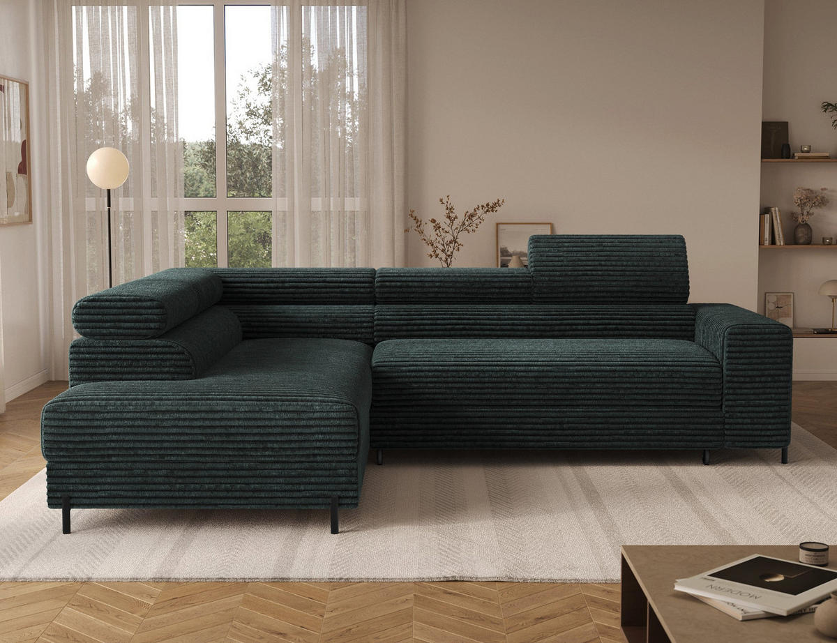 ECKSOFA COLESIO L-Form, Schlaffunktion, Bettkasten, verstellbare Kopfstützen, Wellenfederung, Metallfüße, breiter Cordstoff - Dunkelgrün/Schwarz, Kunststoff/Metall (269/204cm) - Wohnideebilder