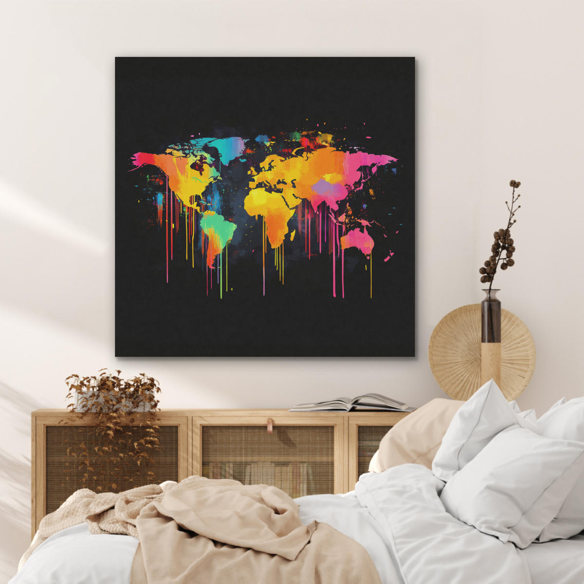 AKUSTIKBILD Weltkarte - Farbe - Bunt - Graffiti - Welt Akustikpaneele 90x90 cm - Multicolor, Textil (90/90/0.9cm) - MuchoWow