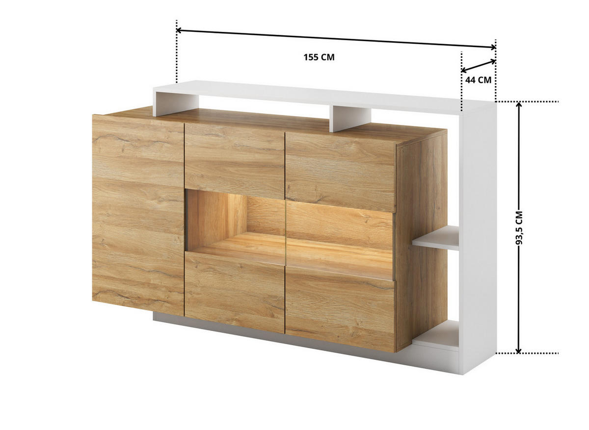 SIDEBOARD Panzo Eiche Grandson / Weiß - 155 cm - Grifflos - Eichefarben/Weiß, Holzwerkstoff (155/93/44cm) - Ravio