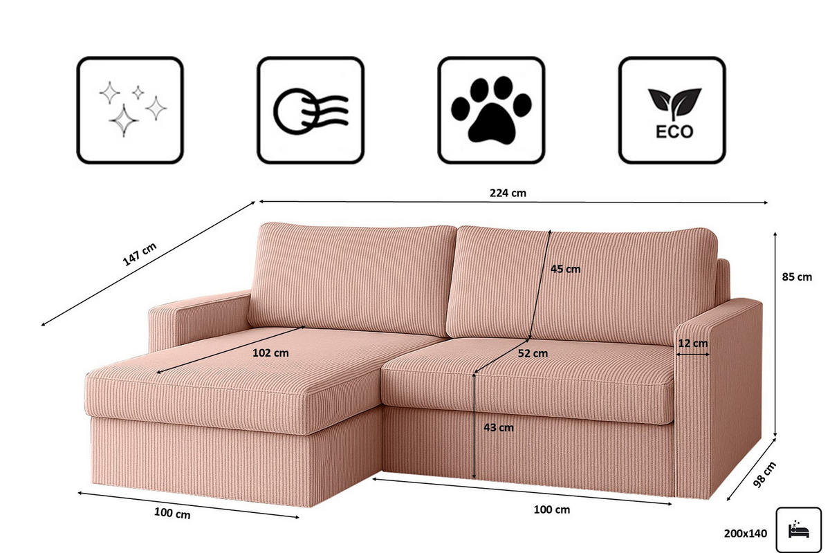 ECKSOFA Mit Schlaffunktion Und Bettzeugablage LUBEKA Stoff Poso Rosa Links - Rosa, Holz/Textil (140/147cm) - Kaiser Möbel