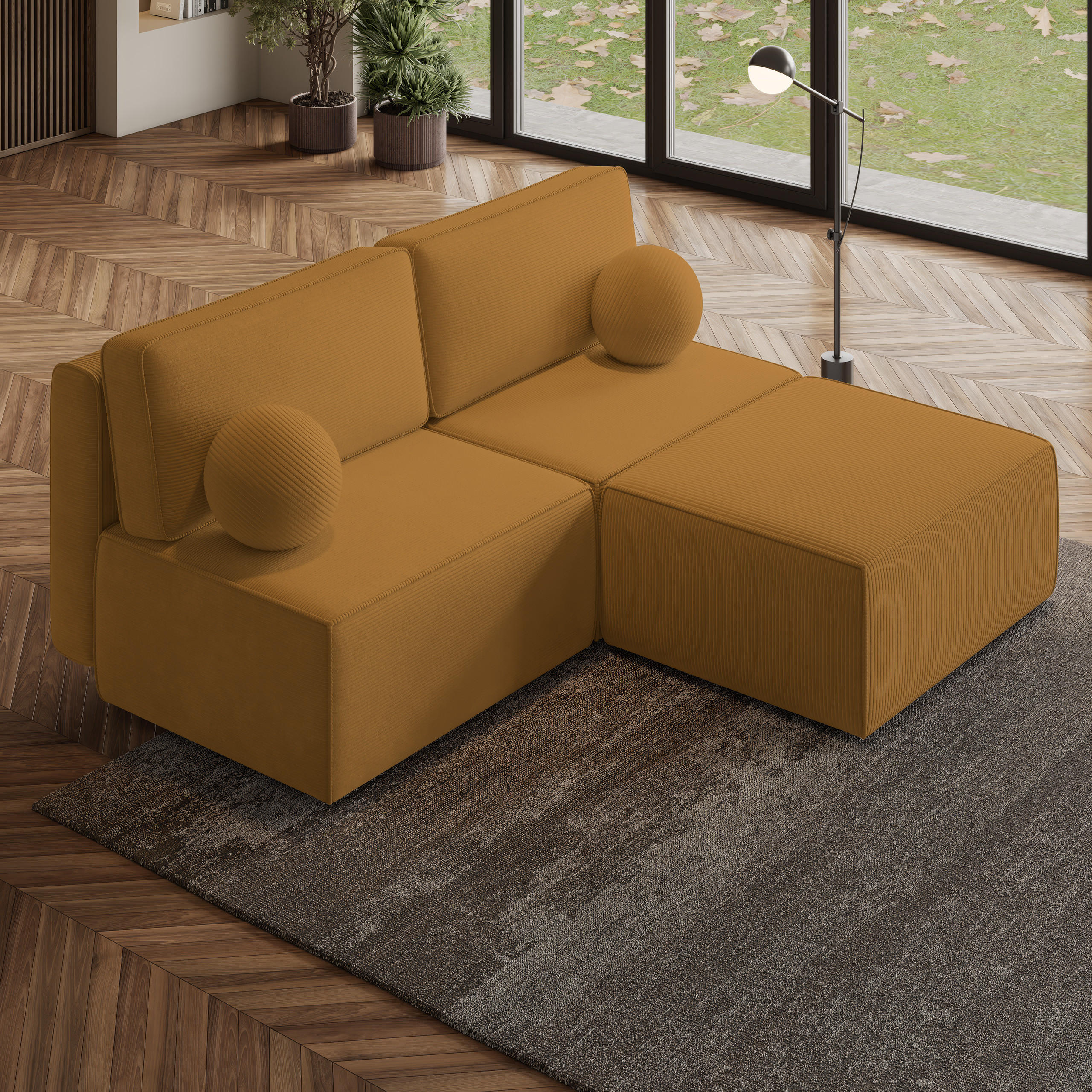 ECKSOFA VARNA P Gelb Kordstoff mit Schlaffunktion - Gelb, Holz (196/158cm) - MASSENO