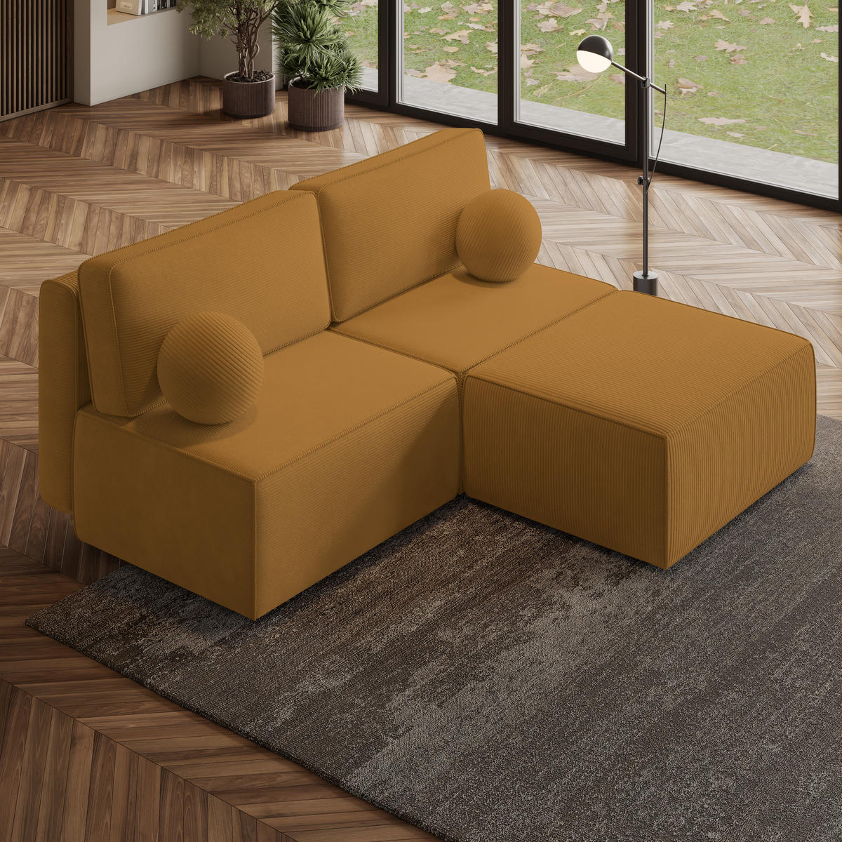 ECKSOFA VARNA P Gelb Kordstoff mit Schlaffunktion - Gelb, Holz (196/158cm) - MASSENO