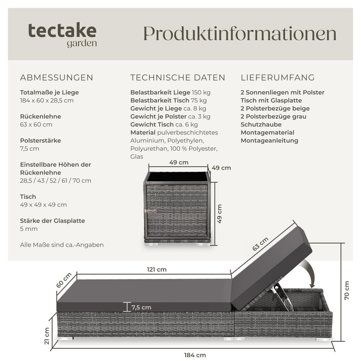 RATTAN-SONNENLIEGEN 2er Set ,wetterfest und UV-beständig,grau - Grau, Kunststoff (60/21/184cm) - tectake