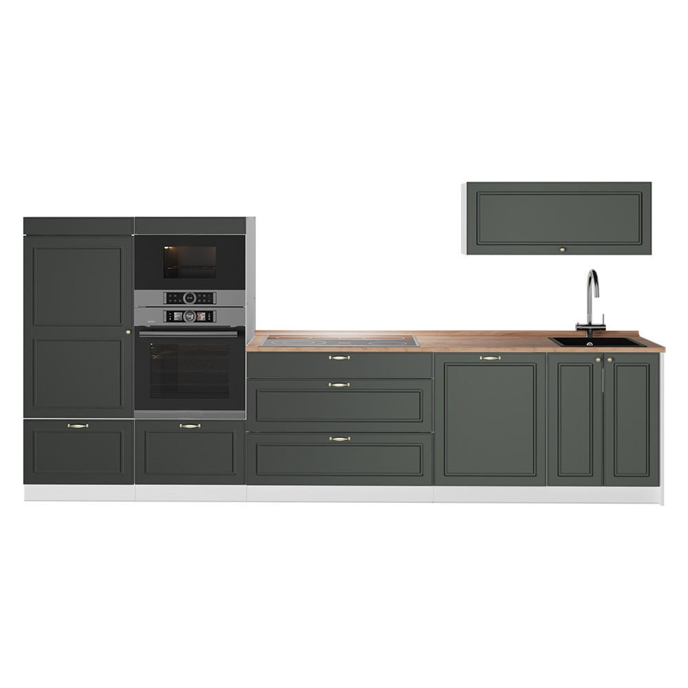 KÜCHENZEILE Fame-Line, Grün-Gold Landhaus/Weiß, 340 cm, AP Eiche - Weiß/Grün, Holzwerkstoff (340/153.6/60cm) - Vicco