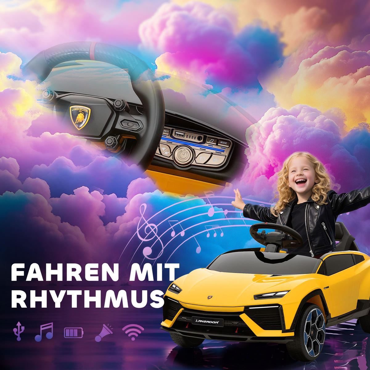 KINDER-ELEKTROAUTO 12V Kinderauto mit 2,4 GHz Fernbedienung, 2 Motor LED, Musik - Gelb, Kunststoff (101.5/49/43cm) - AIYAPLAY