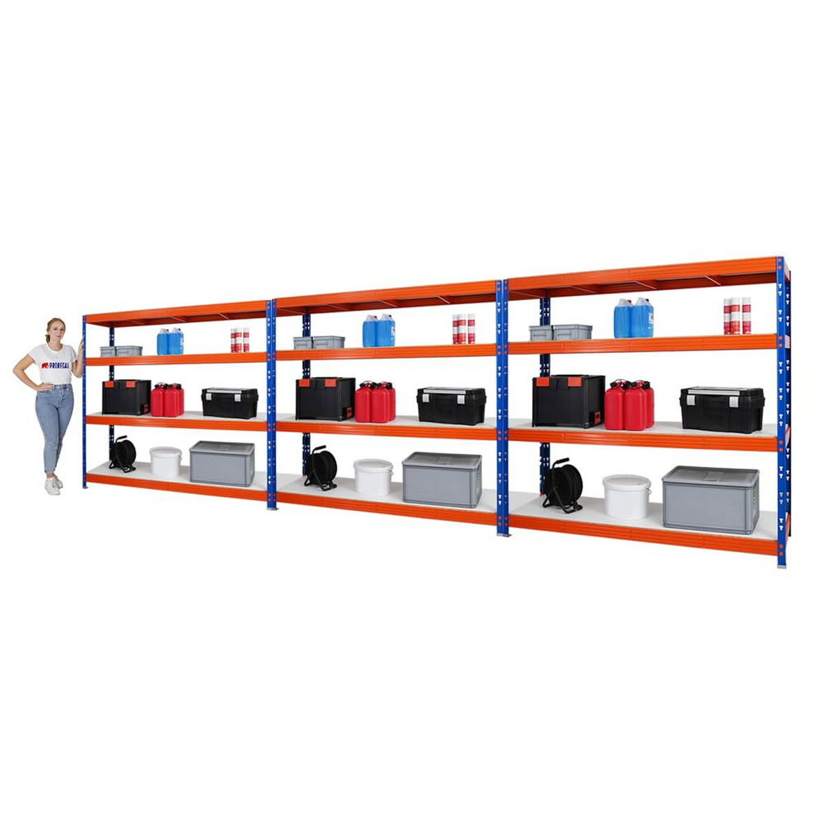 SCHWERLASTREGAL Rhino 3er-Set mit 3x 180x200x60 cm 4 Melamin-Ebenen 16mm Fachlast 500 kg Blau-Orange - Orange, Metall (600/180/60cm) - PROREGAL