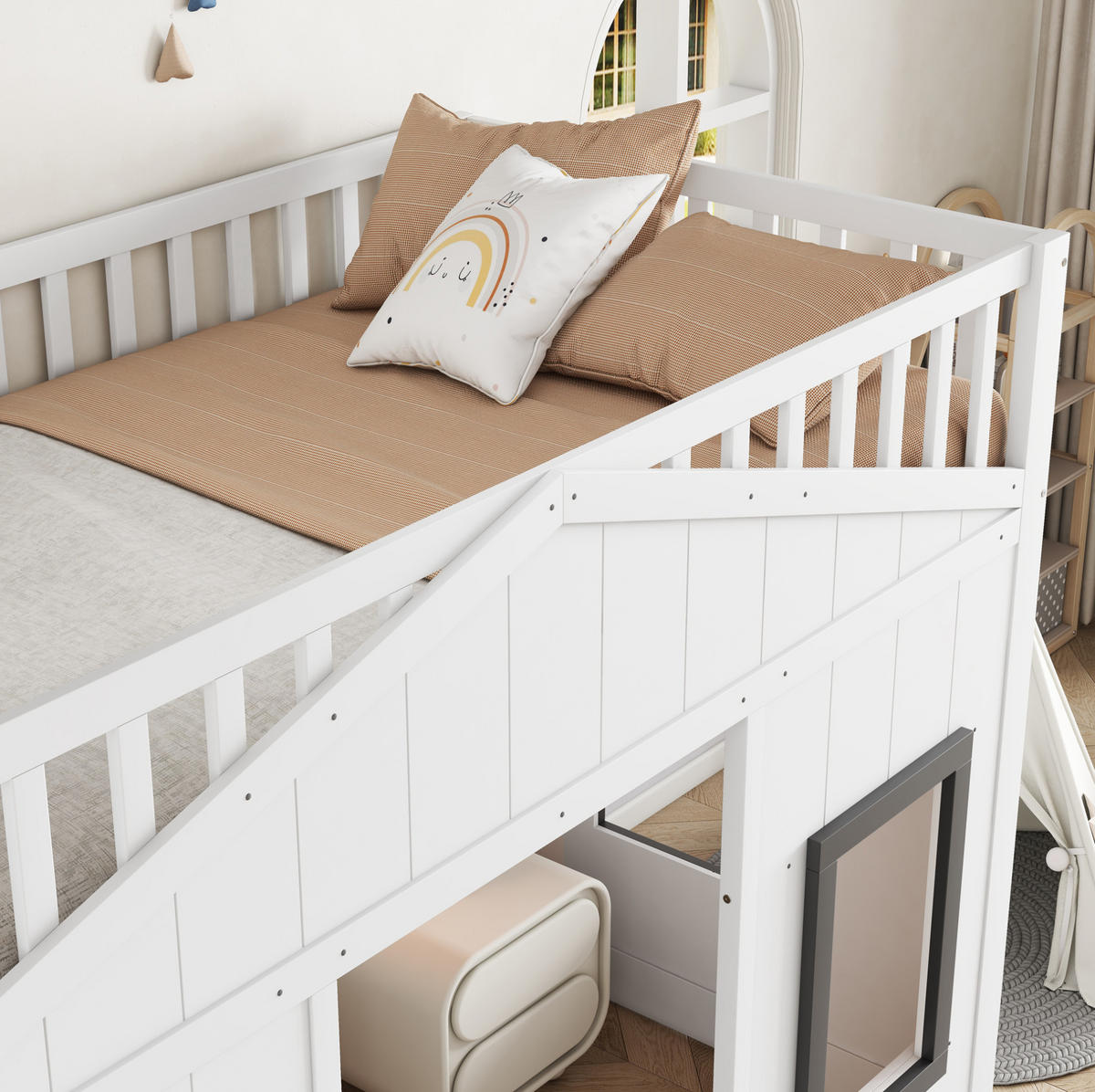 HOCHBETT 90/200 cm mit Treppe und Fallschutz in Weiß/Grau - Weiß, Holzwerkstoff (90/200cm) - BEAOK