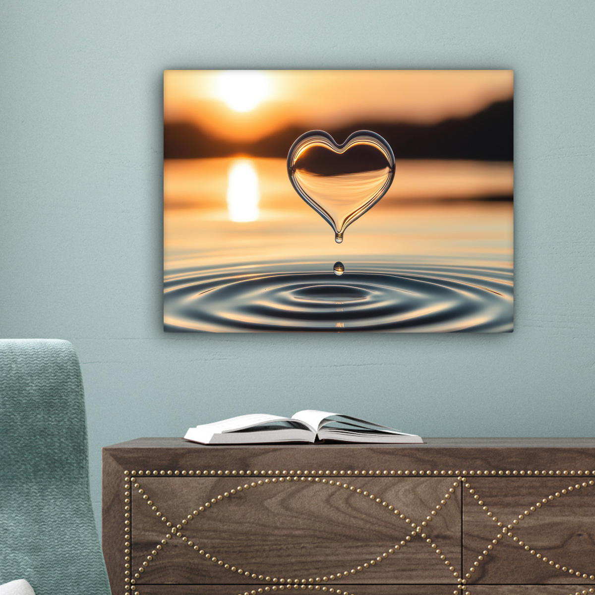LEINWANDBILD - Herz - Wasser - Sonnenuntergang - Natur - Zen - 40x30 - Wanddeko - Bernsteinfarben, Textil (40/30cm) - MuchoWow