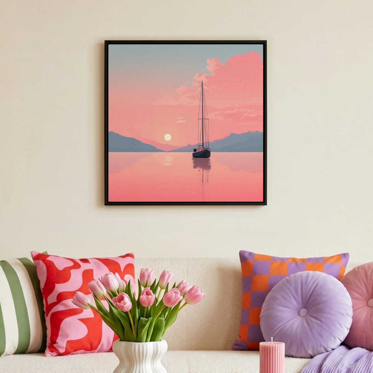LEINWAND Bilder mit Rahmen - Segelboot - Rosa Meer - Sonnenuntergang - Berge - 50x50 - Rosa, Textil (50/50cm) - MuchoWow