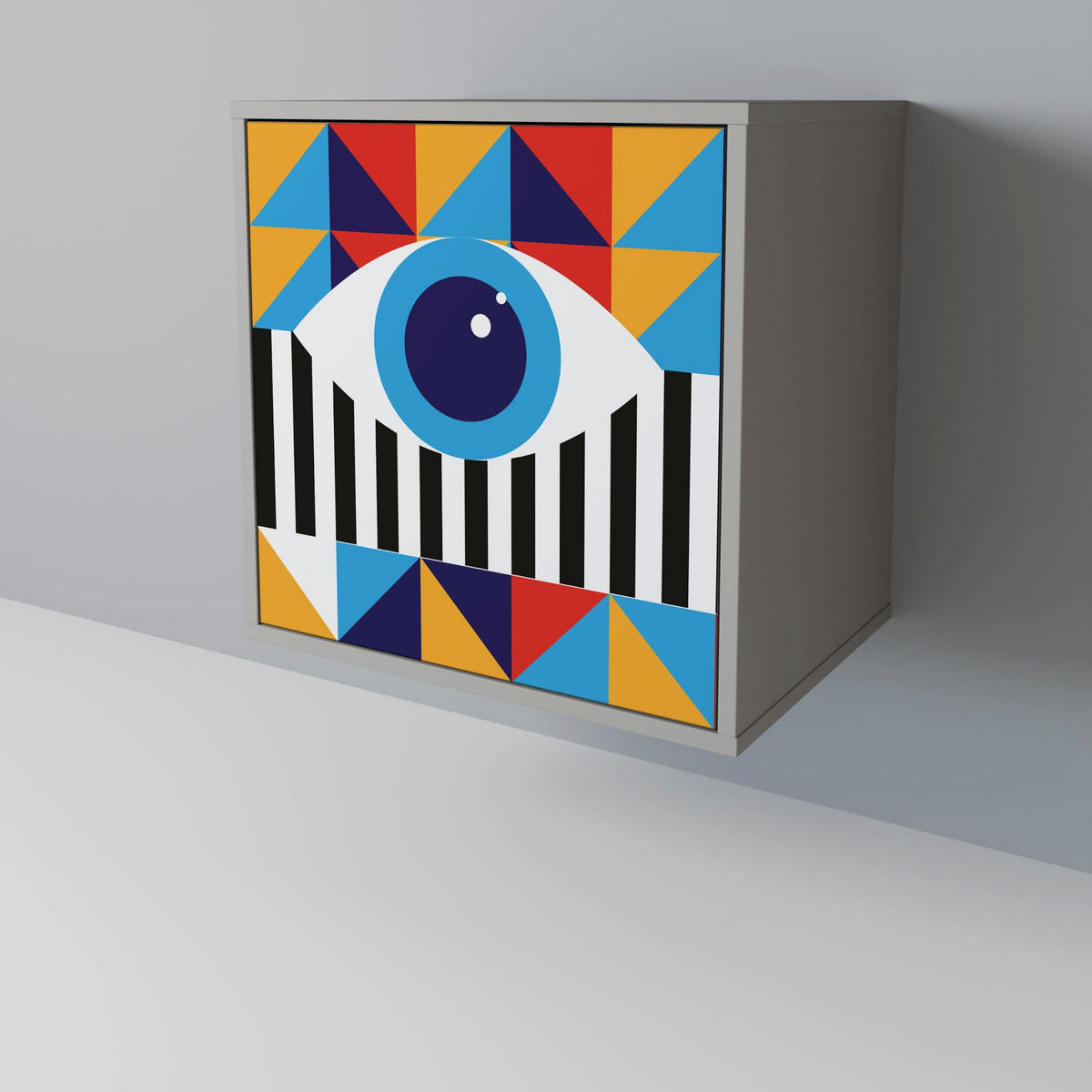 SIDEBOARD ABSTRACTION AND GEOMETRY, Grau, 57,5x42x72,5 cm, Schwarze Metallfüße - Multicolor/Schwarz, Holzwerkstoff/Metall (57.5/72.5/42cm) - SpaceRebels