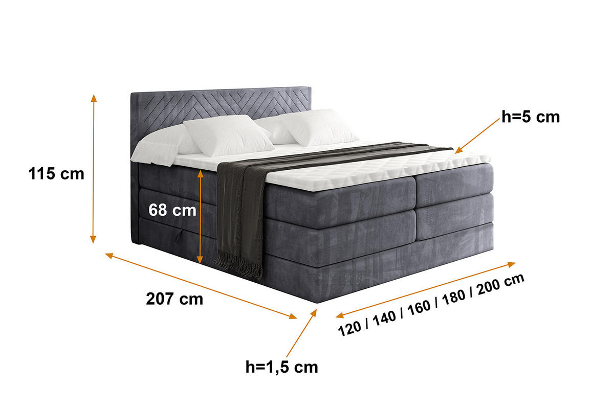 BOXSPRINGBETT mit Matratze H3|H4 und Lattenrost - VEXA KING-160x200 - Dunkelgrau Casablanca - Dunkelgrau, Holzwerkstoff (160/200cm) - ALTDECOR