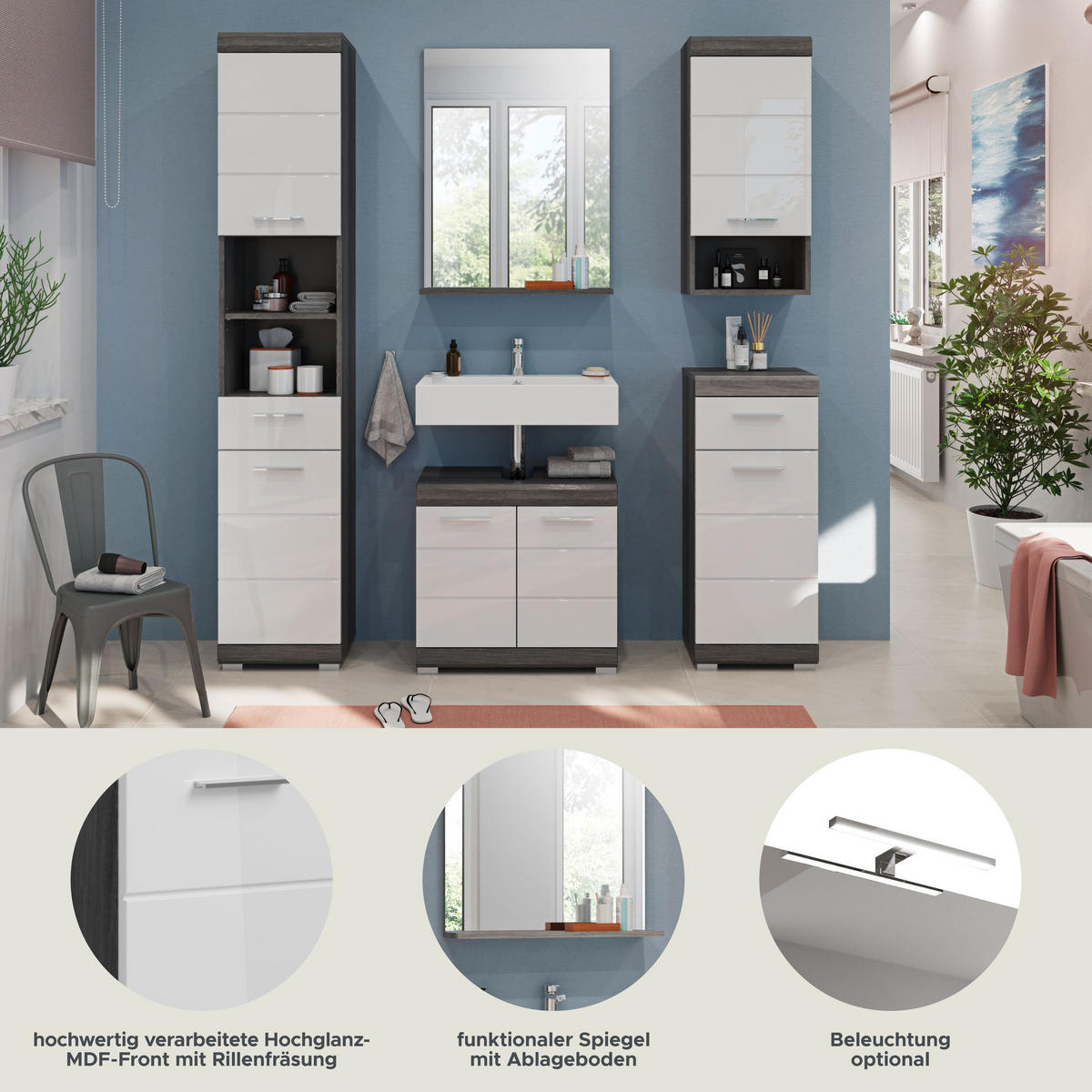 BADKOMBINATION 5tlg. Scout Bad in Rauchsilber Nachbildung und weiß hochglanz B/H/T: 164x191x34 cm - Anthrazit, Holz (164/191/34cm)