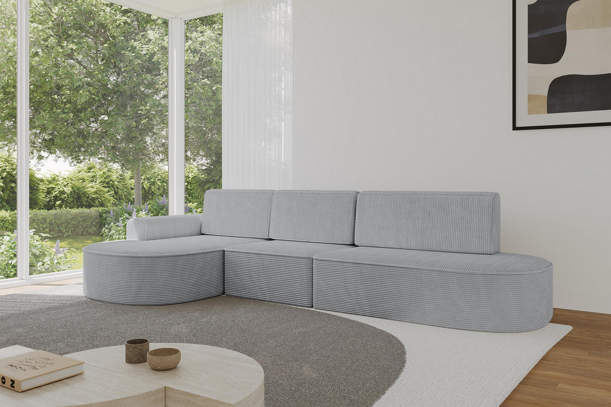 ECKSOFA mit Schlaffunktion Ottomane Links MARI L2-S 368X167X85 Grau Cord - Alufarben/Schwarz, Holzwerkstoff/Kunststoff (368/167cm) - ALTDECOR