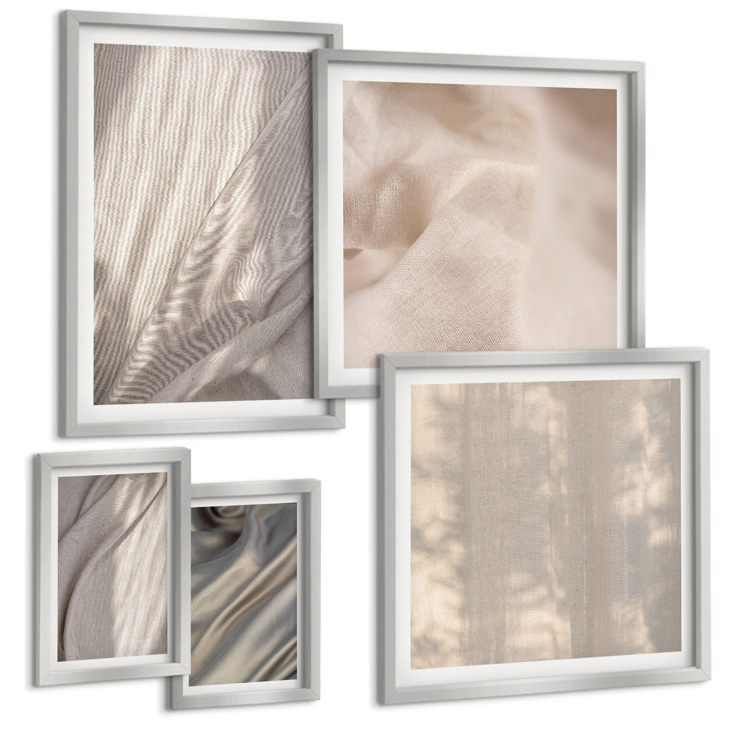 BILDER SET 5er Set - 50x50 cm & 20x30 cm & 40x60 cm Silberner Rahmen - Nahaufnahme von natürlichen Boho-Stoffen - Silberfarben, Kunststoff (40/60cm) - TULUP