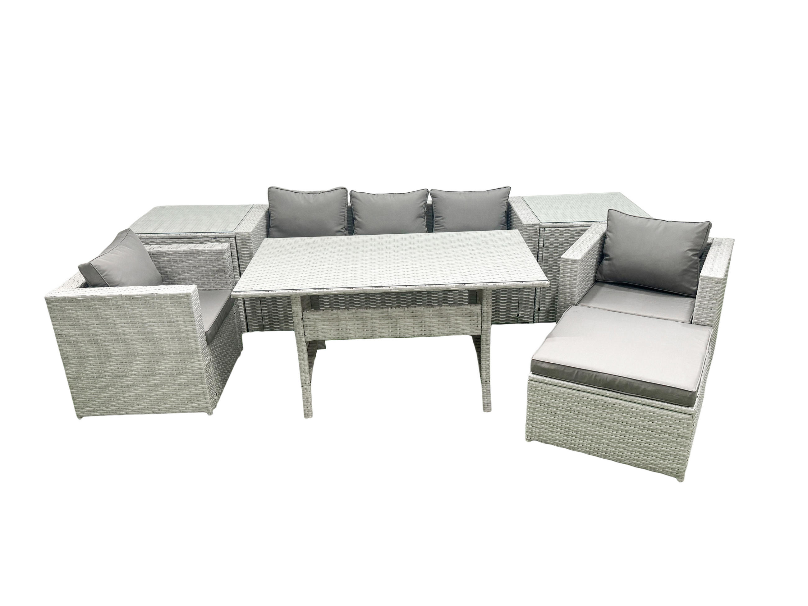 GARTENMÖBEL SET mit Sofa,2 Beistelltischen Polyrattan Hellgrau 6-Sitzer - Hellgrau/Grau, Glas/Kunststoff - Fimous