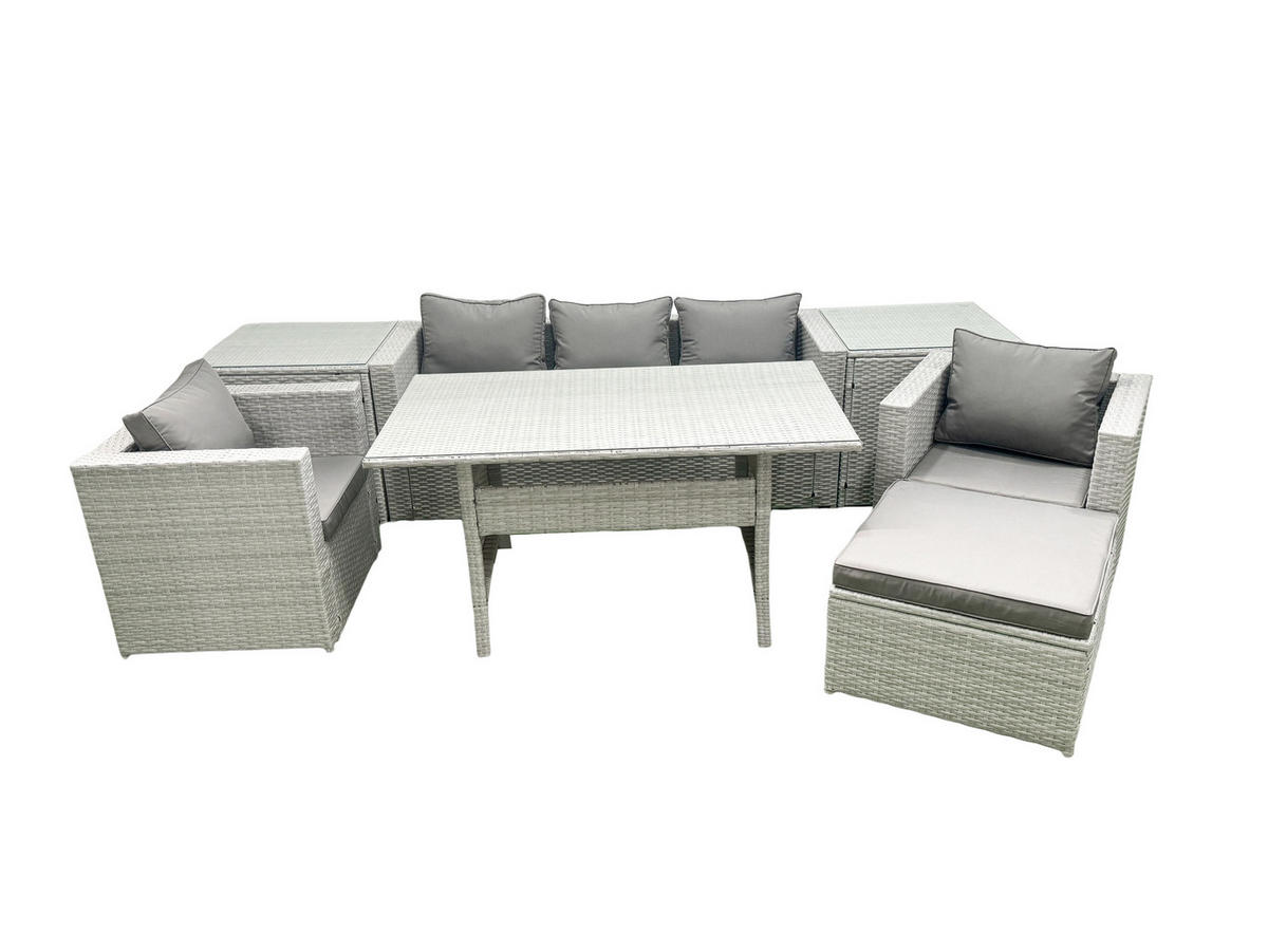 GARTENMÖBEL SET mit Sofa,2 Beistelltischen Polyrattan Hellgrau 6-Sitzer - Hellgrau/Grau, Glas/Kunststoff - Fimous