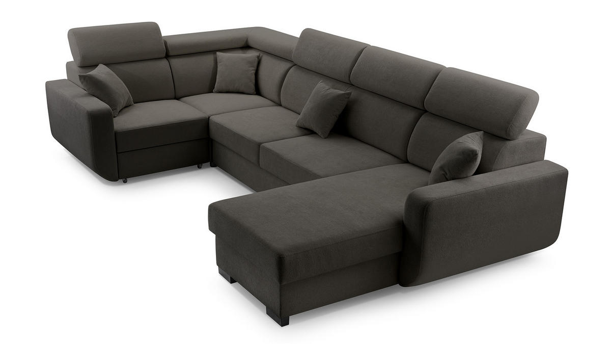 WOHNLANDSCHAFT CASTELLO Grau Plüsch-Stoff mit Schlaffunktion - Grau, Holz (337/97/184cm) - MASSENO