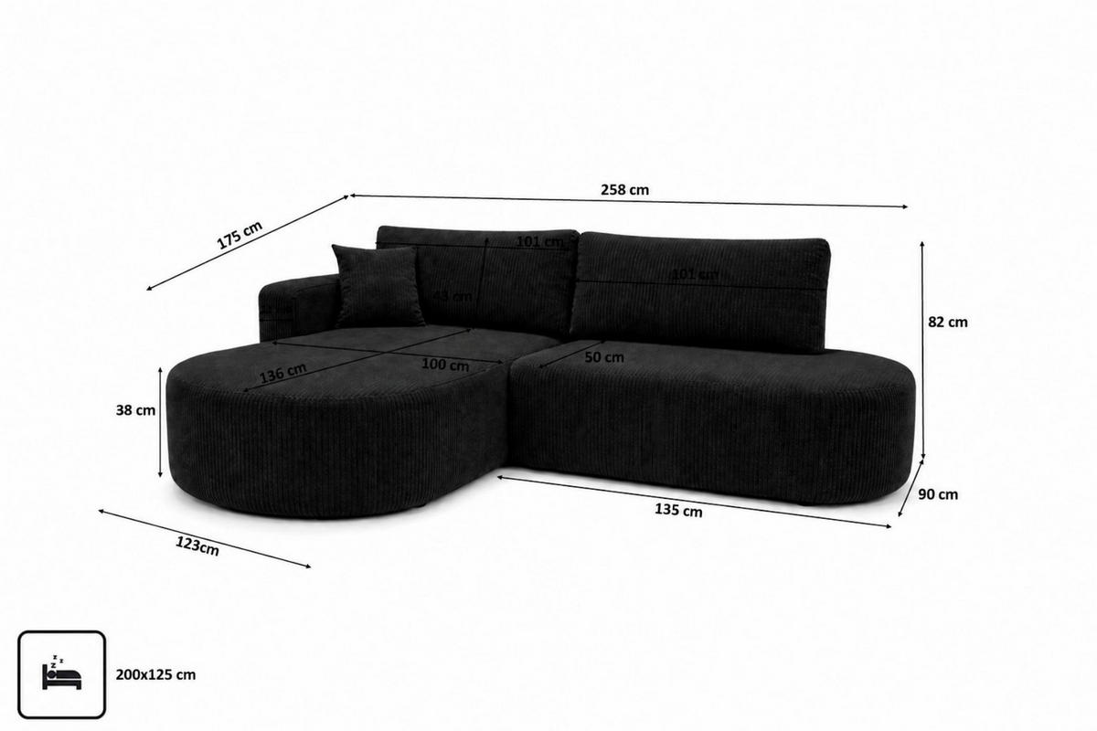 ECKSOFA Mit Schlaffunktion Und Bettkasten, Cordstoff Poso, Schwarz, Links, ROUND ONE OPEN XL - Schwarz, Holz (258/175cm) - Kaiser Möbel