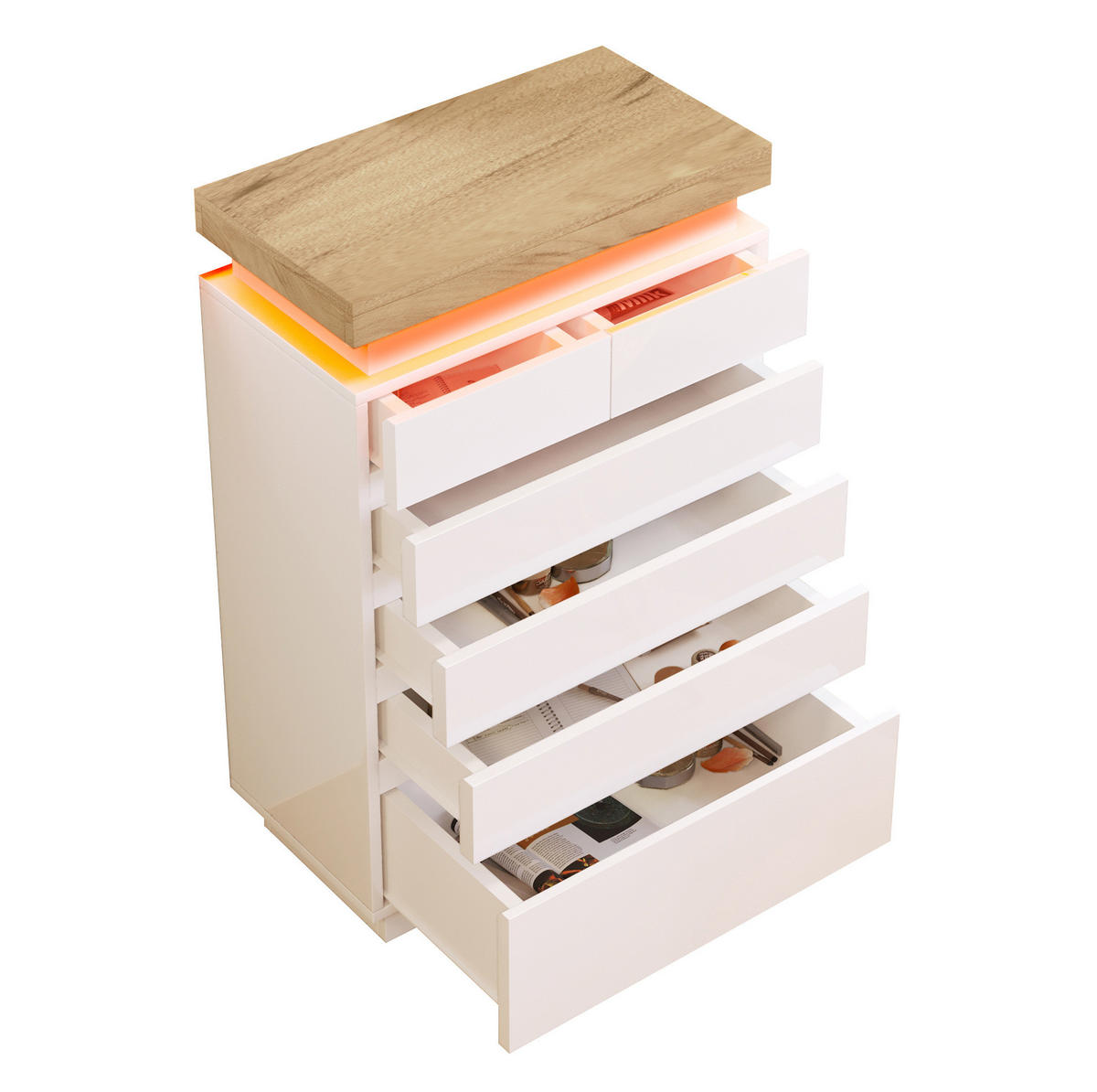 SIDEBOARD in Hochglanz mit 6 Schubladen und LED (App und Touch), 73/39/115 cm, Weiß - Weiß, Holzwerkstoff (73/115/39cm) - Redom