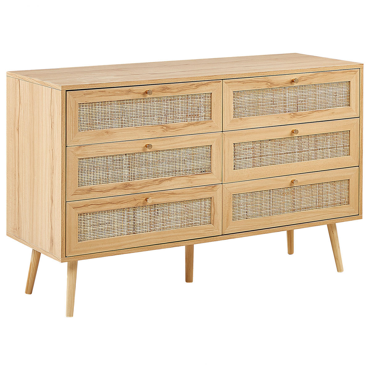 KOMMODE 6 Schubladen Rattan Helles Holz Perote - Hellbraun/Goldfarben, Naturmaterialien (120/75/42cm) - Beliani