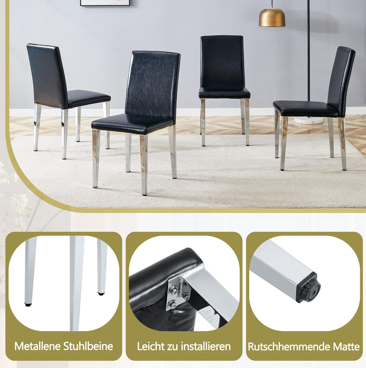 ESSZIMMERSTUHL 4er-Set PU-Leder Metall Schwarz-Silber - Schwarz, Metall (47/90/41cm) - Meubliv