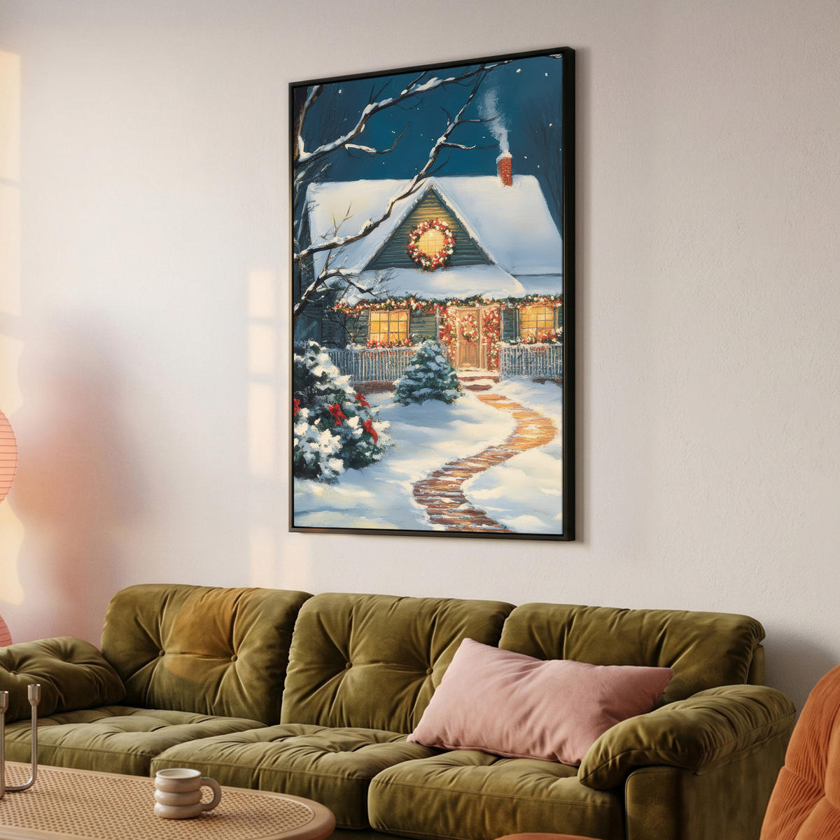 LEINWAND Bilder mit Rahmen - Weihnachten - Weihnachtsbaum - Winter - Zuhause - Schnee - 90x140 - Smaragdgrün, Textil (90/140cm) - MuchoWow