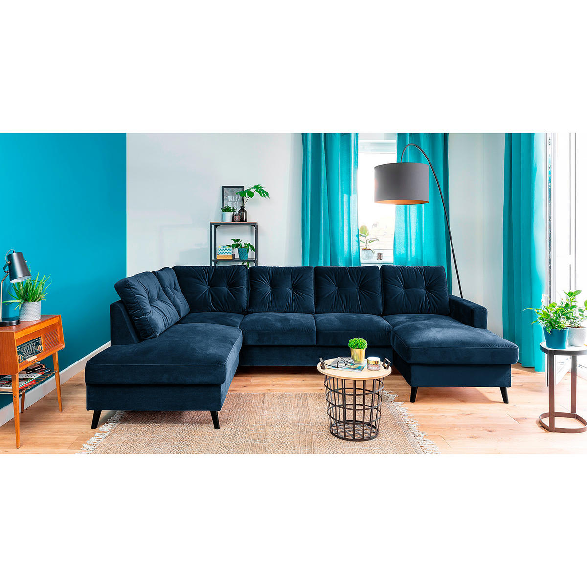 WOHNLANDSCHAFT mit Longchair - Schwarz/Dunkelblau, Buchenholz/Textil (297/90/200cm) - home24