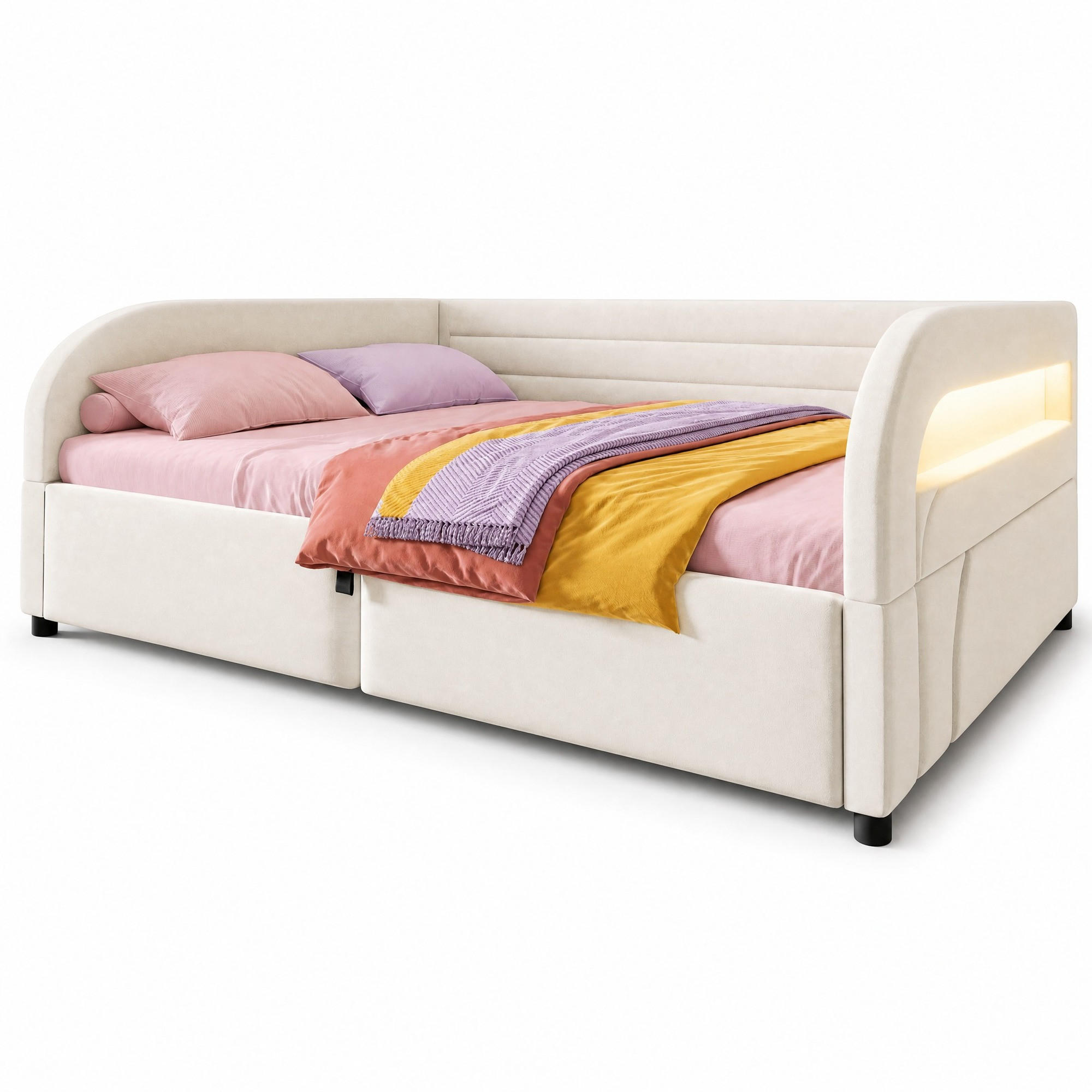 POLSTERBETT 140/200 mit Bettkasten, hydraulischer Hebefunktion und LED-Beleuchtung in Beige - Weiß, Holzwerkstoff/Textil (140/200cm) - EVRYAE