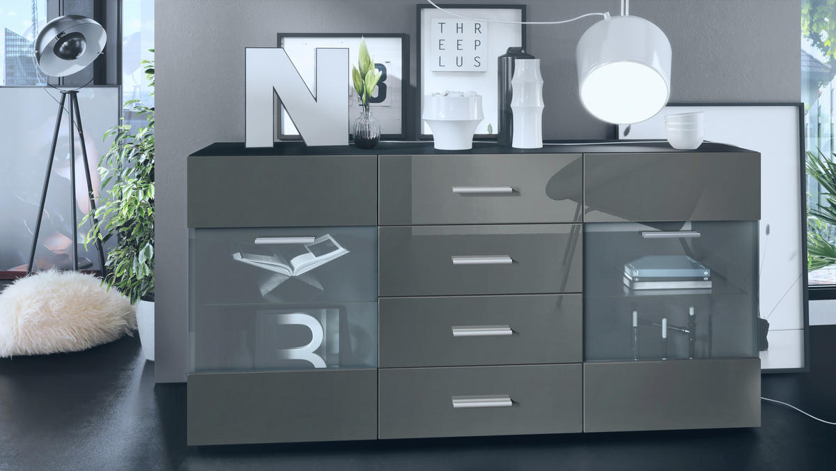 SIDEBOARD Carlos Grau Hochglanz - Grau, Holzwerkstoff (139/72/35cm) - Vladon