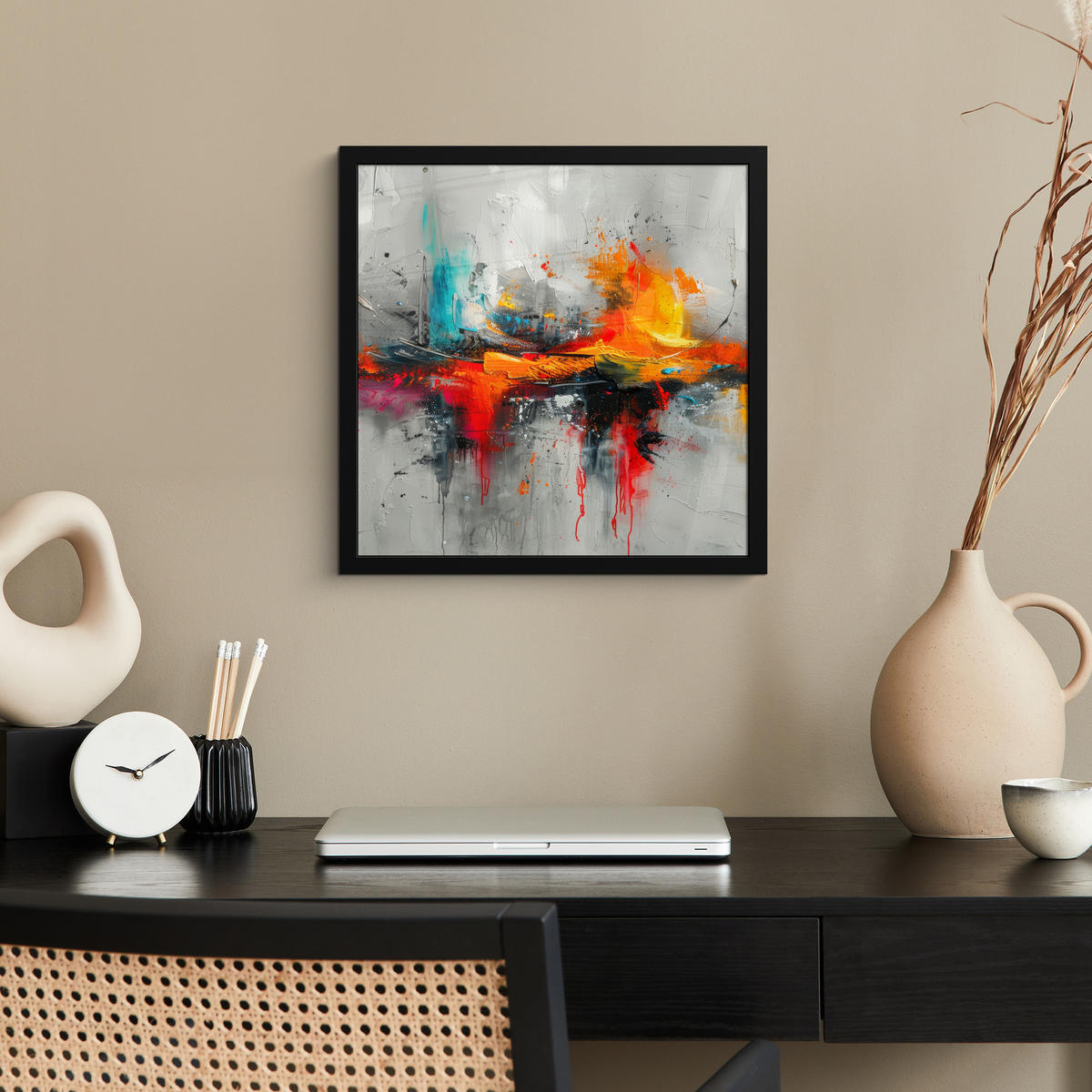 POSTER MIT RAHMEN Moderne Kunst - Orange - Grau - Abstrakt 40x40 cm - Hellgrau, Papier (40/40cm) - MuchoWow