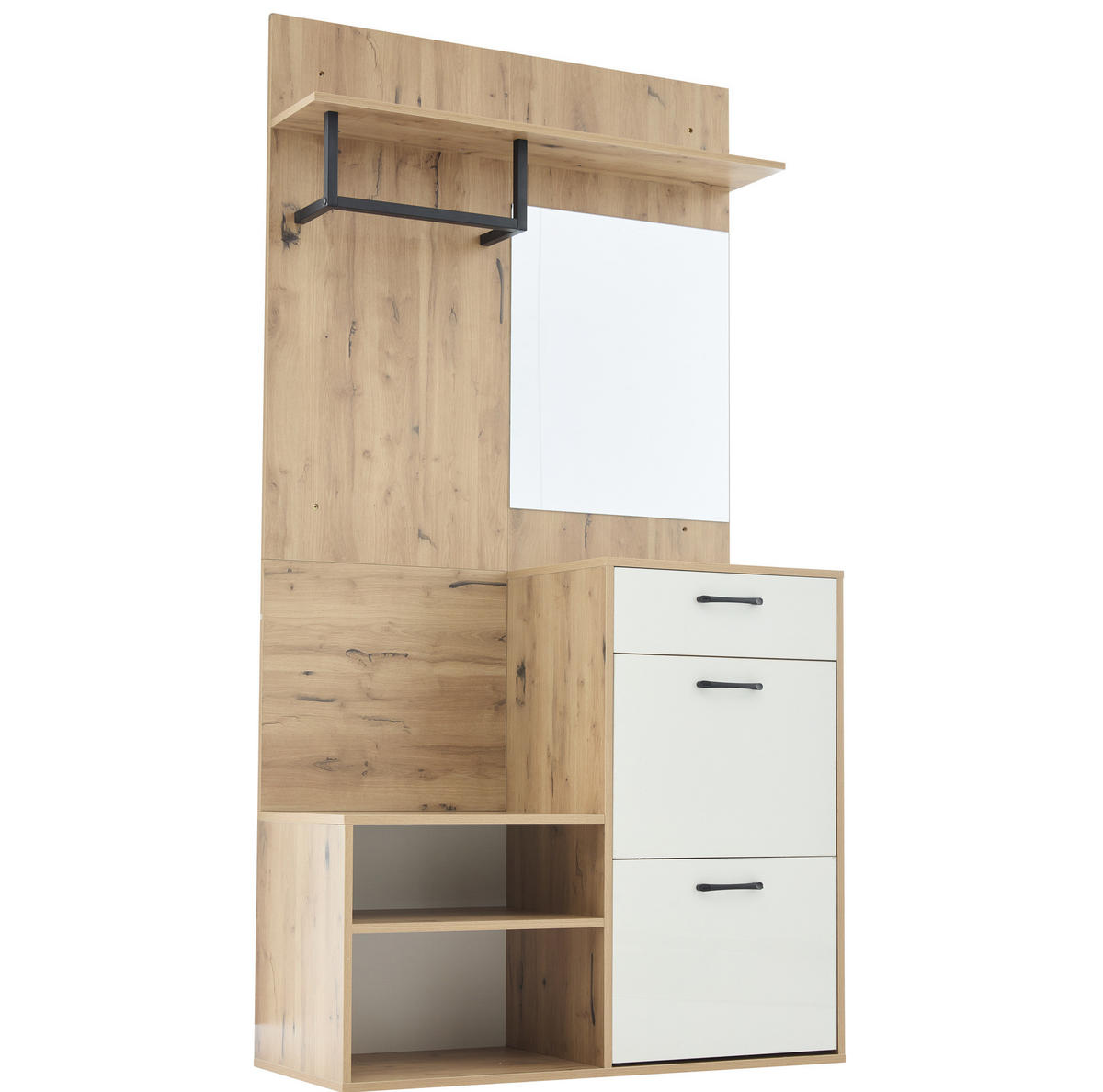 OMARA za čevlje 100/38,5/190 cm z ogledalom, predalom in zložljivimi vrati, prostorna, Bela + naravna - naravne barve, leseni material (38.5/190/100cm) - Redom