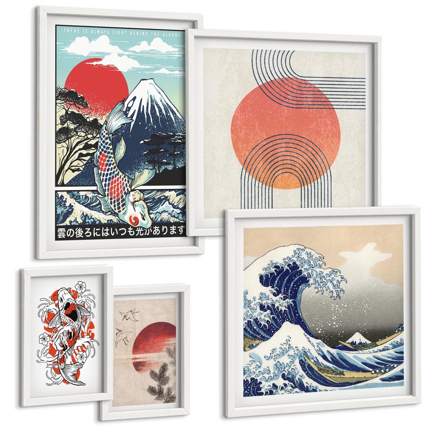 BILDER SET 5er Set - 50x50 cm & 20x30 cm & 40x60 cm Weißer Rahmen - Illustrationen von Fischbergen, die sich in Japan ausbreiten - Weiß, Kunststoff (40/60cm) - TULUP