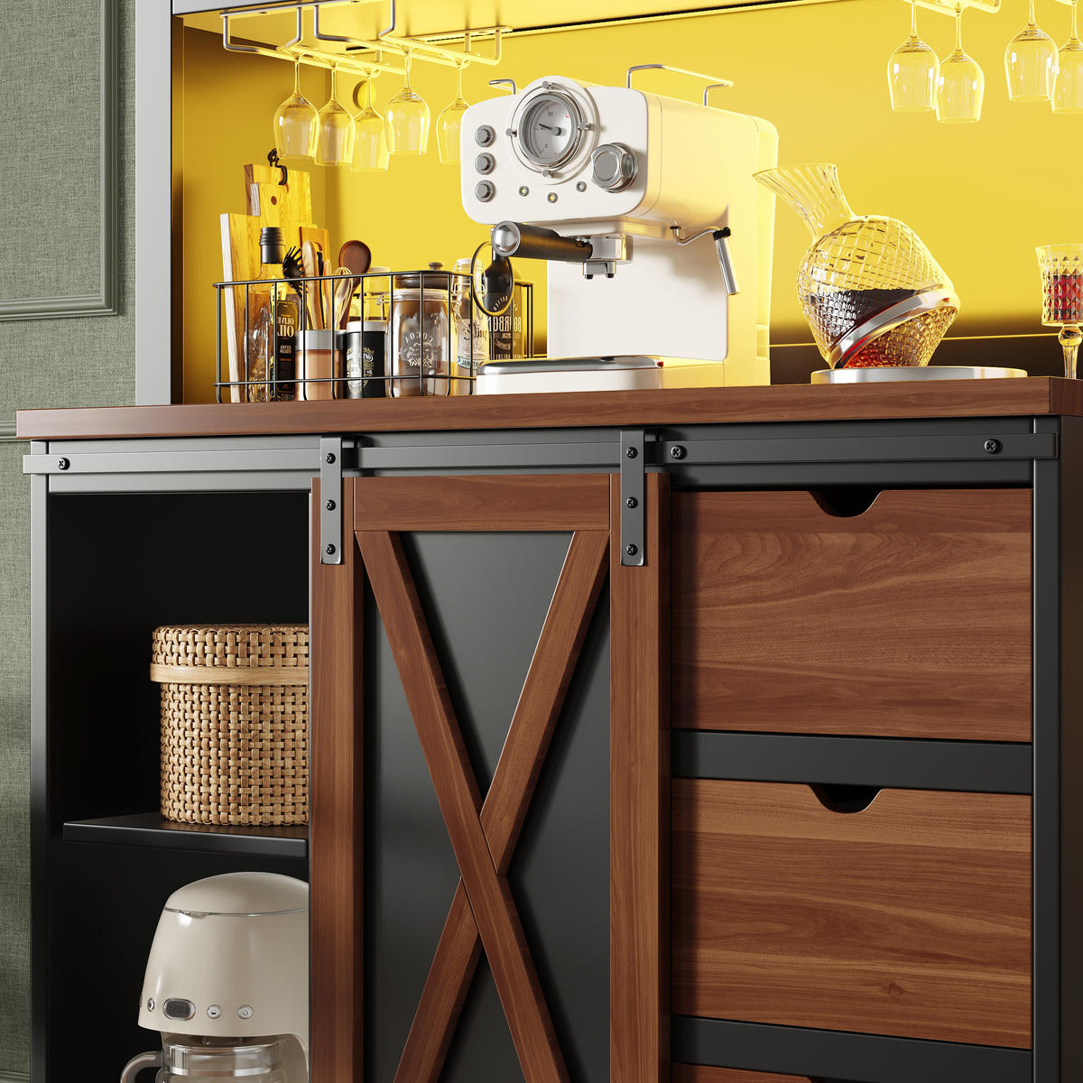 HOCHSCHRANK LED App Schiebetür 3 Schubladen Schwarz - Schwarz, Metall (104/180/40cm) - FLIEKS