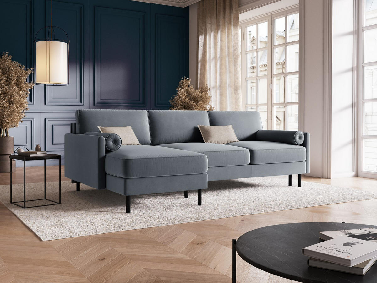 AUSKLAPPBARES-ECKSOFA links mit Container Scott aus Samt hellblau 5 Sitzplätze - Hellblau, Textil (142/212cm) - Micadoni